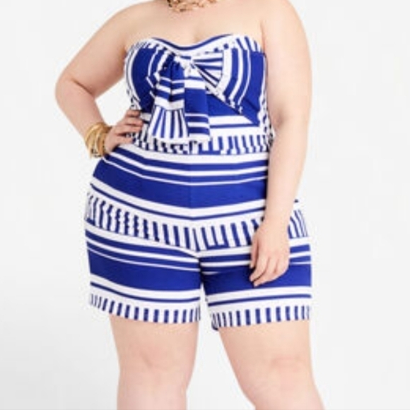 Ashley Stewart Pants - NWT Ashley Stewart Blue Stripe Bow Front Strapless Romper Size 16